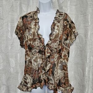 Elegant Paisley Tie-Front Shear Blouse For Layering Boho Fall Vibes Earth Tones
